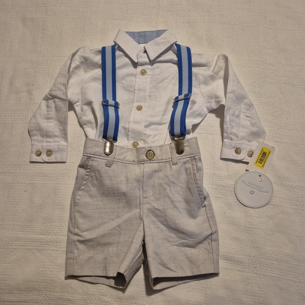 Edgehill Collection boys 6 mth classic tan, white and blue suspender outfit NWT